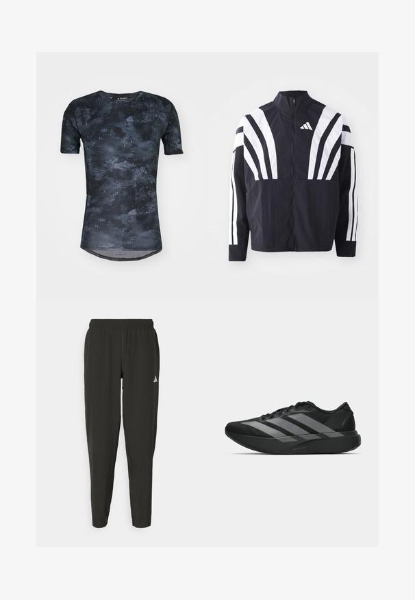 Čierna bunda s vysokým golierom, plným zipsom a výraznými bielymi diagonálnymi pruhmi na rukávoch. Vyrobená z ľahkého materiálu s hladkou textúrou.; adidas Performance TECHFIT - Športové tričko - black; Čierne športové nohavice s elastickým pásom, úzkeho strihu a bielym logom na ľavej nohe. Hladká, ľahká tkanina.; Čierne športové topánky s ľahkým dizajnom, obsahujúce tri výrazné šedé pruhy, hladkú textúru a kontúrovanú podrážku.