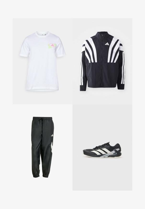 Svart jacka med hög krage, full dragkedja och djärva vita diagonala ränder på ärmarna. Tillverkad av lätt tyg med en slät struktur.; Vit bomullströja med korta ärmar. Har en grafisk design i ljusrosa och grön på vänster bröst, som liknar en logotyp.; Svarta träningsbyxor med elastisk midja, justerbar dragsko och vita sidokanter. Tillverkade av mjukt, lätt material.; Svart atletisk sko med vita ränder, mesh-övre, rund tå och dämpad sula. Har en strukturerad häl och ett säkert snörningssystem.