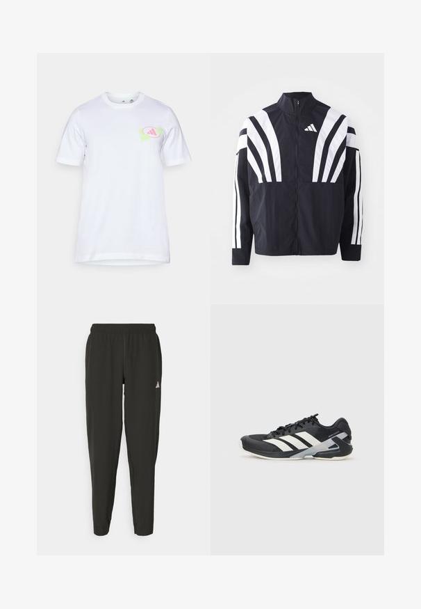 Black jacket featuring a high collar, full zip, and bold white diagonal stripes on sleeves. Made from lightweight fabric with a smooth texture.; White cotton t-shirt with short sleeves. Features a graphic design in light pink and green on the left chest, resembling a logo.; Black athletic pants with an elastic waistband, slim fit, and white logo on the left leg. Smooth, lightweight fabric.; Black athletic shoe with white stripes, mesh upper, rounded toe, and cushioned sole. Features a textured heel and secure lacing system.