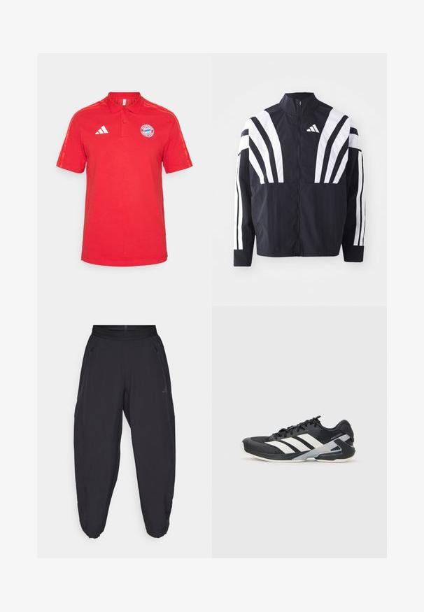 Juodas švarkas su aukštu kaklu, pilnu užtrauktuku ir ryškiomis baltomis įstrižomis juostelėmis ant rankovių. Pagamintas iš lengvos medžiagos su lygiu paviršiumi.; Raudona medvilninė polo marškinė su apykakle, trumpomis rankovėmis, trimis baltomis juostelėmis ant pečių ir Bayern Miuncheno logotipu ant krūtinės.; Juoda sportinė kelnė su elastine juosmens juosta, užtrauktuko šoninėmis kišenėmis, siaurėjančiomis kojomis ir subtilia logotipu dešiniajame šlaunyje.; Juoda sportinė avalynė su baltais dryžiais, tinklinis viršus, apvalus pirštas ir paminkštinta padais. Yra tekstūruota kulno dalis ir saugi raištelių sistema.