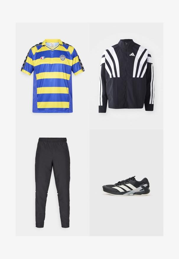 Schwarze Jacke mit hohem Kragen, durchgehendem Reißverschluss und kräftigen weißen diagonalen Streifen an den Ärmeln. Aus leichtem Stoff mit glatter Textur gefertigt.; Blau- und gelb gestreiftes Sporttrikot mit kurzen Ärmeln und einem gelben Kragen, Champion-Logos auf den Schultern und der Brust sowie einem NYC CHP-Abzeichen.; Schwarze Sporthose mit elastischem Bund, schmal zulaufenden Beinen und weißen Seitenelementen. Hergestellt aus synthetischem Material mit glatter Textur.; Schwarzer Sportschuh mit weißen Streifen, Obermaterial aus Mesh, runde Zehenform und gepolstertem Sohlenteil. Verfügt über eine strukturierte Ferse und ein sicheres Schnürsystem.