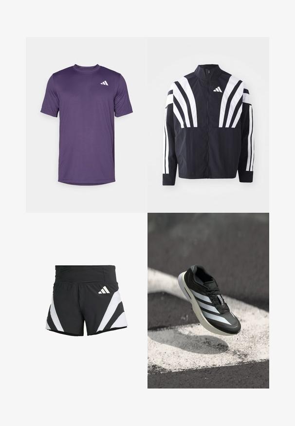Fekete dzseki magas gallérral, teljes cipzárral és merész, fehér, átlós csíkokkal az ujjakon. Könnyű anyagból készült, sima tapintással.; Lila, rövid ujjú sportpóló, könnyű anyagból készült, kör alakú nyakkivágással és fehér logóval a bal felső részen.; adidas Performance ADIZERO A M - Sport rövidnadrágok - black; Fekete sportcipő, három fehér csíkkal, texturált felsőrész, elegáns dizájn és ívelt talp, egy fehér vonal felett aszfalton elhelyezve.