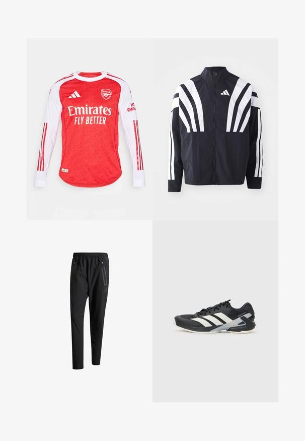 Sort jakke med højt krave, fuld lynlås og iøjnefaldende hvide diagonale striber på ærmerne. Lavet af letvægtsstof med en glat tekstur.; Rød langærmet trøje med mønstret tekstur, hvide ærmer og røde striber. Har Arsenal-logoet og teksten "Emirates Fly Better".; Sorte atletiske bukser med elastisk talje, to lynlåslommer på siden, tætsiddende ben og en diskret logo-detalje på hoften.; Sort sportsko med hvide striber, mesh-overdel, rund tå og dæmpet sål. Har en tekstureret hæl og et sikkert snøresystem.