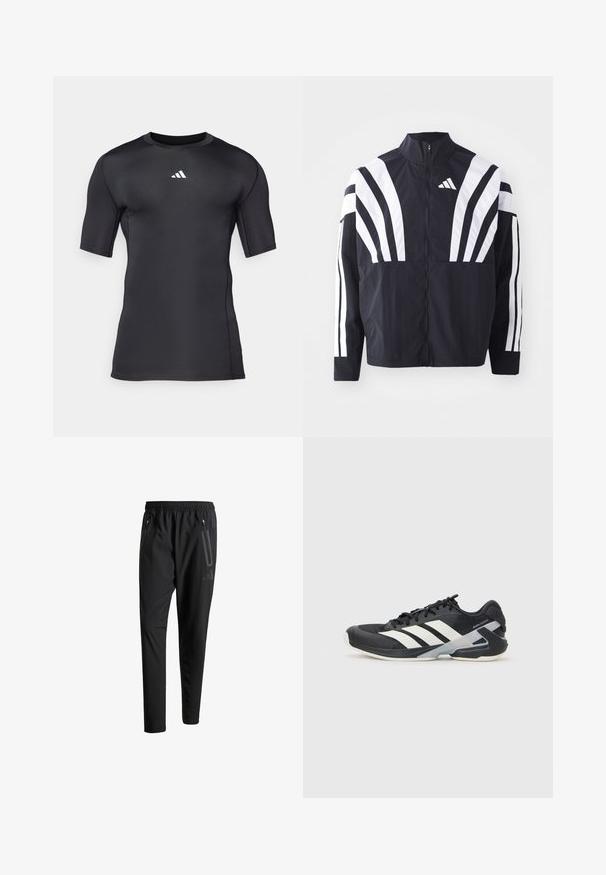 Svart jakke med høy krage, hel glidelås og markante hvite skråstriper på ermene. Laget av lett stoff med en glatt tekstur.; Sorte atletiske kortermede skjorte laget av glatt, elastisk stoff. Har et hvitt logo på brystet og flatlock-sømmer for komfort.; Svarte treningsbukser med elastisk liv, to glidelåslommer på sidene, avsmalnende ben og en subtil logo detalj ved hoften.; Svart treningssko med hvite striper, mesh-overdel, avrundet tå og polstret såle. Har en teksturert hæl og et sikkert snøresystem.