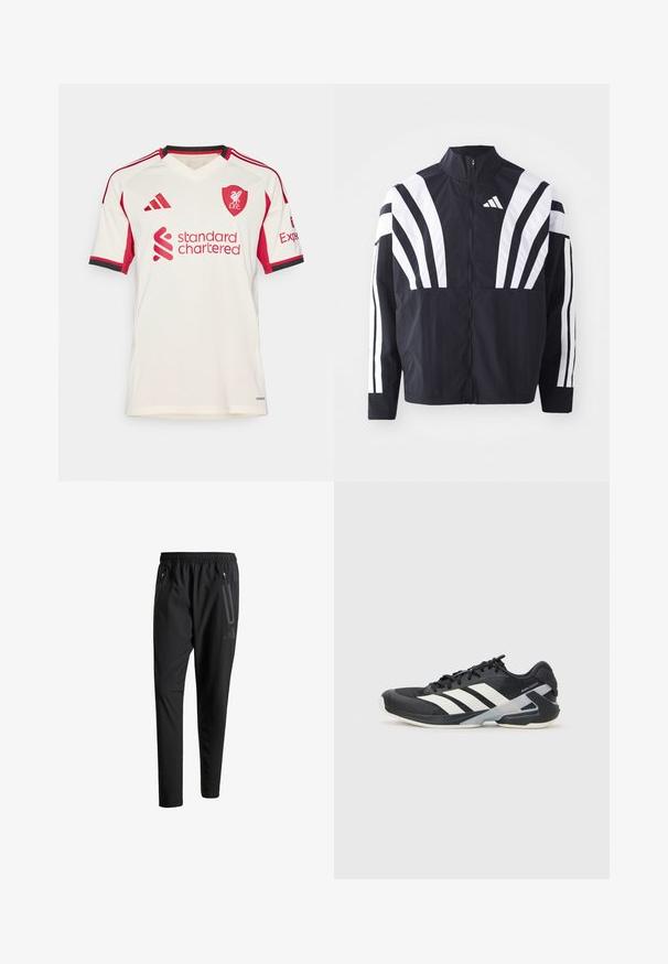 Jachetă neagră cu guler înalt, fermoar complet și dungi diagonale albe îndrăznețe pe mâneci. Fabricată dintr-un material ușor, cu o textură netedă.; Tricou de fotbal alb cu mânecă scurtă și accente roșii, având guler în V, dungi roșii pe mâneci și logo-ul "standard chartered". Emblema L.F.C. pe piept.; Pantaloni atletici negri cu talie elastică, două buzunare laterale cu fermoar, picioare conice și un detaliu logo discret pe șold.; Pantofii sport negri cu dungi albe, superior din plasă, vârf rotunjit și talpă îmbunătățită pentru amortizare. Au o călcătură texturată și un sistem de șireturi securizat.
