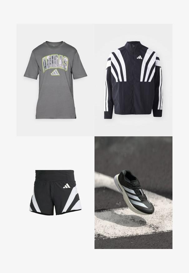 Svart jacka med hög krage, full dragkedja och djärva vita diagonala ränder på ärmarna. Tillverkad av lätt tyg med en slät struktur.; Grå bomullströja med en djärv, flerfärgad "ADIDAS"-logotyp över bröstet, med rund halsringning och korta ärmar.; adidas Performance ADIZERO A M - Träningsshorts - black; Svart atletisk sko med tre vita ränder, texturerad ovandel, stilren design och en rundad sula, placerad ovanför en vit linje på asfalt.