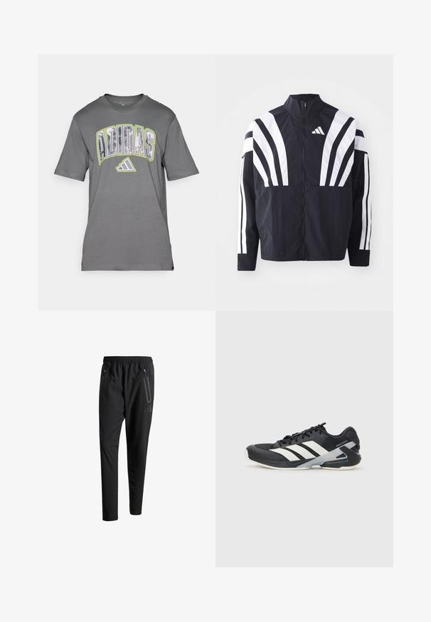 Crna jakna s visokim ovratnikom, punim patentnim zatvaračem i hrabrim bijelim dijagonalnim prugama na rukavima. Izrađena je od lagane tkanine s glatkom teksturom.; Siva pamučna majica s odvažnim, više-bojnim "ADIDAS" logotipom na prsima, okruglim izrezom i kratkim rukavima.; Crne atletske hlače s elastičnim pojasom, dva bočna džepa sa zatvaračem, suženi nogavici i diskretnim logotipom na kuku.; Crne atletske cipele s bijelim prugama, mrežasta gornja strana, zaobljeni prst i podstavljeni đon. Imaju teksturiranu petu i siguran sustav vezivanja.