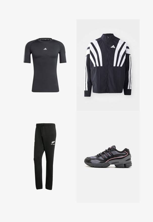 Giacca nera con colletto alto, zip completa e audaci strisce diagonali bianche sulle maniche. Realizzata in tessuto leggero con una texture morbida.; Maglietta atletica nera a maniche corte, realizzata in materiale elasticizzato, con scollatura tonda, logo Adidas bianco sul petto e strisce bianche ai lati.; Pantaloni della tuta neri realizzati in tessuto misto cotone, con vita elastica dotata di cordoncino e logo bianco "All Blacks" sulla gamba sinistra.; Scarpe sportive nere e grigie con pannelli in rete, linee accentate in rosa e un design della suola chunky. Presentano lacci e dettagli in materiale testurizzato.