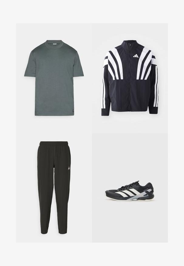 Black jacket featuring a high collar, full zip, and bold white diagonal stripes on sleeves. Made from lightweight fabric with a smooth texture.; Short-sleeve, crew-neck t-shirt in a muted green color. Made of soft material with a straight cut and a subtle logo label on the hem.; Black athletic pants with an elastic waistband, slim fit, and white logo on the left leg. Smooth, lightweight fabric.; Black athletic shoe with white stripes, mesh upper, rounded toe, and cushioned sole. Features a textured heel and secure lacing system.