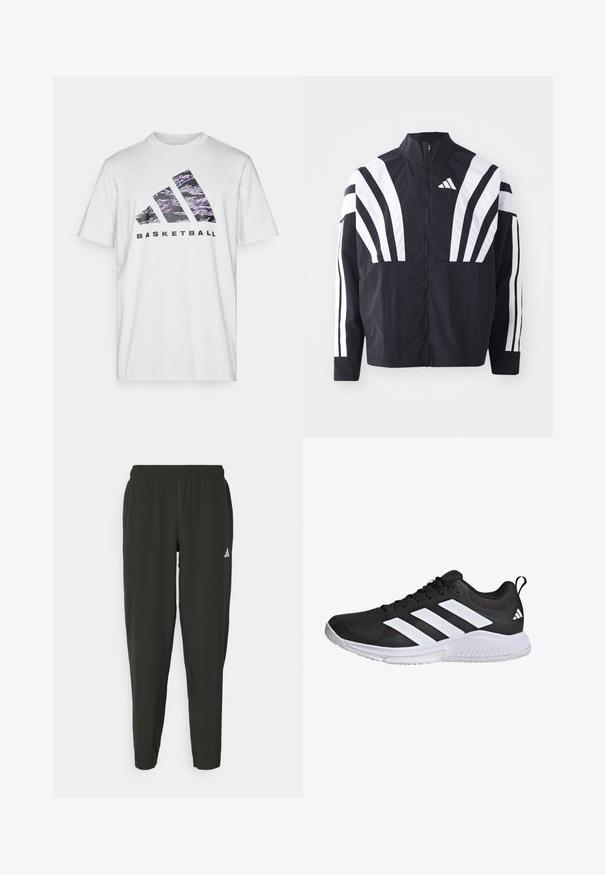 Zwarte jasje met een hoge kraag, volledige rits en gedurfde witte diagonale strepen op de mouwen. Gemaakt van lichtgewicht stof met een gladde textuur.; Witte katoenen T-shirt met korte mouwen, voorzien van een paarse en zwarte grafische print van drie strepen en het woord "BASKETBAL."; Zwarte sportbroek met een elastische tailleband, slim fit en een wit logo op het linkerbeen. Soepele, lichte stof.; Zwarte sportschoen met een bovenwerk van mesh, drie witte strepen aan de zijkant, gevoerde zool en een gestructureerde rubberen buitenzool voor grip.