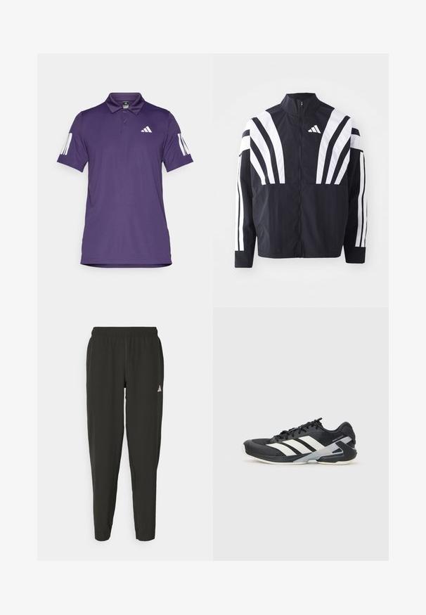 Mustat takki, jossa on korkea kaulus, täysivetoketju ja erittäin näkyvät valkoiset vinoraidat hihoissa. Valmistettu keveästä kankaasta, jolla on sileä rakenne.; Violet polo-paita, joka on valmistettu sileästä kankaasta. Siinä on kolmen napin kaulus, valkoinen Adidas-logo rinnassa ja kolme pystysuoraa raitaa hihoissa.; Mustat urheiluhousut, joissa on joustava vyötärö, slim fit -malli ja valkoinen logo vasemmassa lahkeessa. Sileä, kevyt kangas.; Mustat urheilukengät valkoisilla raidoilla, verkkomateriaalia ylhäällä, pyöristetty kärki ja pehmustettu pohja. Varustettu teksturoidulla kantapäällä ja turvallisella nauhoitusjärjestelmällä.