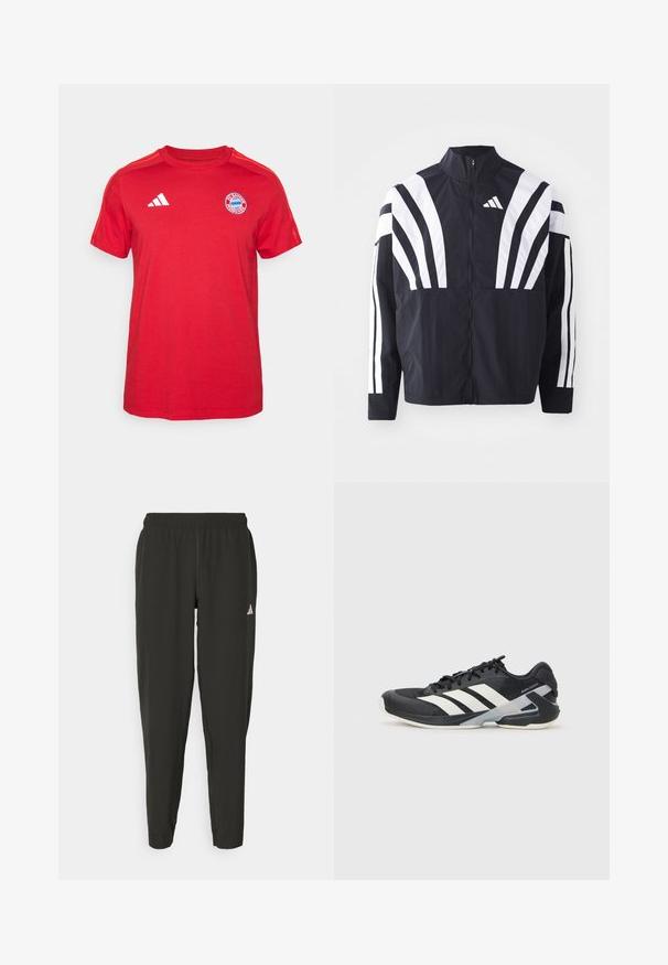 Czarna kurtka z wysokim kołnierzem, pełnym zamkiem błyskawicznym oraz wyrazistymi białymi ukośnymi paskami na rękawach. Wykonana z lekkiej tkaniny o gładkiej fakturze.; Czerwona bawełniana koszulka z krótkim rękawem, okrągłym dekoltem, białym logo adidas oraz herbem FC Bayern Monachium na piersi.; Czarne spodnie sportowe z elastycznym pasem, dopasowane do sylwetki, z białym logo na lewym nogawce. Gładki, lekki materiał.; Czarne buty sportowe z białymi paskami, siateczkowa cholewka, zaokrąglony czubek i amortyzowana podeszwa. Posiadają teksturowany obcas i pewny system sznurowania.