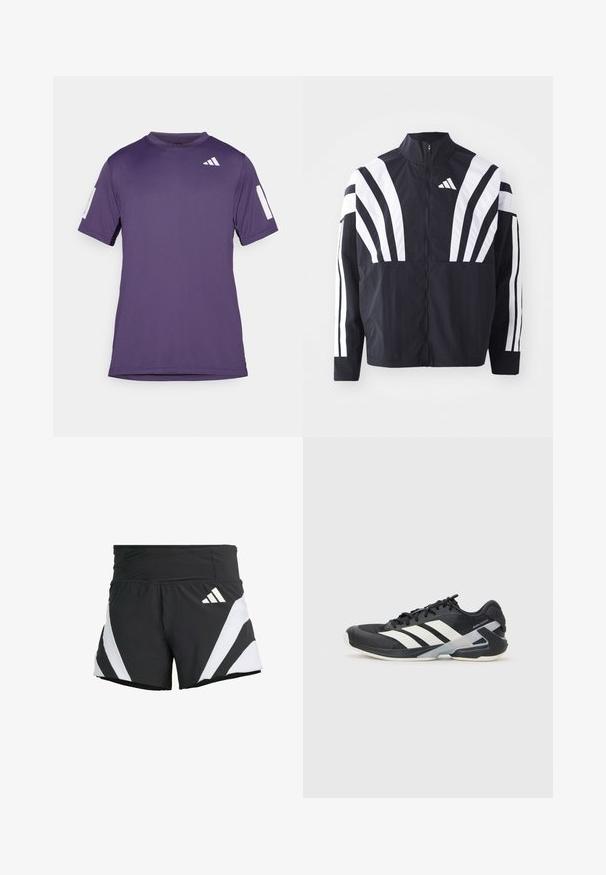 Mustat takki, jossa on korkea kaulus, täysivetoketju ja erittäin näkyvät valkoiset vinoraidat hihoissa. Valmistettu keveästä kankaasta, jolla on sileä rakenne.; Violetti urheilullinen lyhythihainen paita, joka on valmistettu sileästä kankaasta. Paidassa on valkoisia yksityiskohtia hihoissa ja rinnassa, pyöreä kaula-aukko ja rento istuvuus.; adidas Performance ADIZERO A M - Urheilushortsit - black; Mustat urheilukengät valkoisilla raidoilla, verkkomateriaalia ylhäällä, pyöristetty kärki ja pehmustettu pohja. Varustettu teksturoidulla kantapäällä ja turvallisella nauhoitusjärjestelmällä.