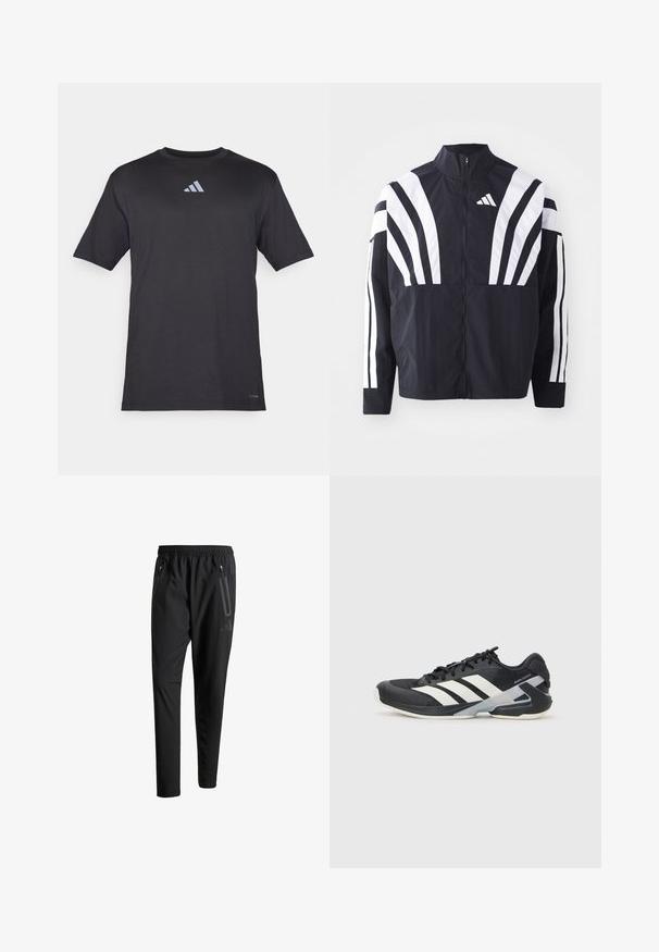 Černá bunda s vysokým límcem, plným zipem a výraznými bílými šikmými pruhy na rukávech. Vyrobena z lehké látky s hladkou texturou.; Černé sportovní tričko s krátkým rukávem z lehkého materiálu, s jemným reflexním logem Adidas na hrudi.; Černé sportovní kalhoty s elastickým pasem, dvěma zipovými bočními kapsami, zúženými nohavicemi a decentním logem na boku.; Černá sportovní obuv s bílými pruhy, síťovaným svrškem, zaoblenou špičkou a polstrovanou podrážkou. Obsahuje texturovanou patu a bezpečný systém šněrování.