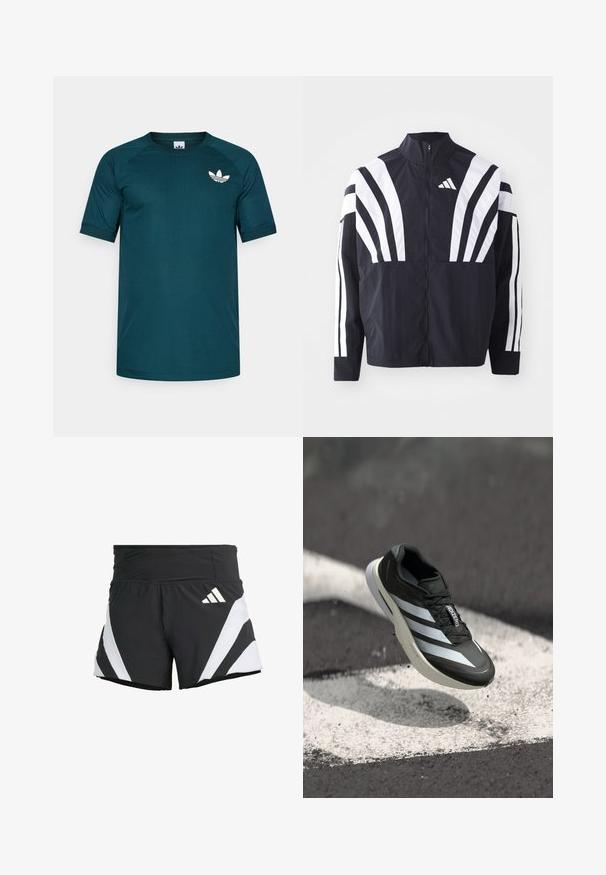 Czarna kurtka z wysokim kołnierzem, pełnym zamkiem błyskawicznym oraz wyrazistymi białymi ukośnymi paskami na rękawach. Wykonana z lekkiej tkaniny o gładkiej fakturze.; Ciemnoniebieska koszulka sportowa z krótkimi rękawami raglanowymi. Posiada białe logo Adidas na górnej lewej stronie klatki piersiowej. Gładki, lekki materiał.; adidas Performance - Krótkie spodenki sportowe; Czarny but sportowy z trzema białymi paskami, teksturowana cholewka, smukły design i zakrzywiona podeszwa, umieszczony nad białą linią na asfalcie.