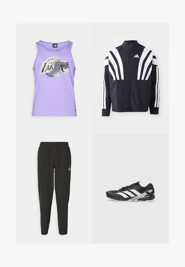 Černá bunda s vysokým límcem, plným zipem a výraznými bílými šikmými pruhy na rukávech. Vyrobena z lehké látky s hladkou texturou.; Fialový bezramínkový top vyrobený z měkké látky, s stříbrným logem Los Angeles Lakers a grafickým motivem basketbalového míče na přední straně.; Černé sportovní kalhoty s elastickým pasem, úzkým střihem a bílým logem na levé noze. Hladká, lehká tkanina.; Černá sportovní obuv s bílými pruhy, síťovaným svrškem, zaoblenou špičkou a polstrovanou podrážkou. Obsahuje texturovanou patu a bezpečný systém šněrování.