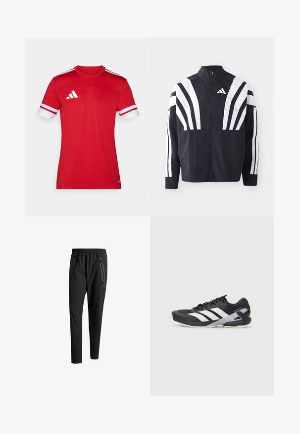 Černá bunda s vysokým límcem, plným zipem a výraznými bílými šikmými pruhy na rukávech. Vyrobena z lehké látky s hladkou texturou.; Červené sportovní tričko s krátkými rukávy. Bílé akcenty na rukávech a tři bílé pruhy na ramenou. Vyrobeno z hladké, lehké látky.; Černé sportovní kalhoty s elastickým pasem, dvěma zipovými bočními kapsami, zúženými nohavicemi a decentním logem na boku.; Černá sportovní obuv s bílými pruhy, síťovaným svrškem, zaoblenou špičkou a polstrovanou podrážkou. Obsahuje texturovanou patu a bezpečný systém šněrování.
