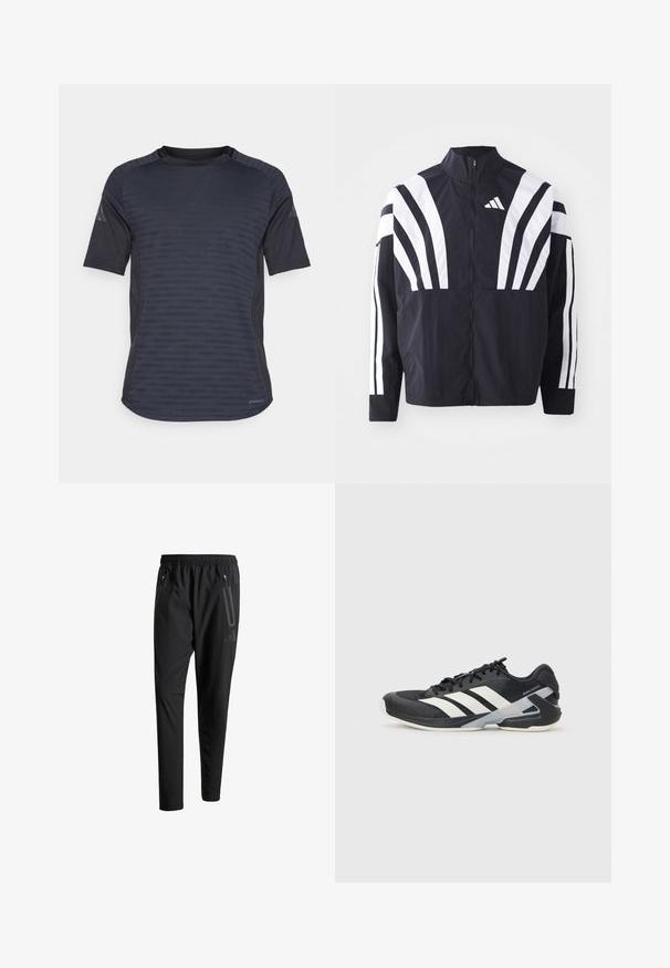 Casaco preto com colarinho alto, fecho completo e listras diagonais brancas em bold nas mangas. Feito de um tecido leve com uma textura suave.; Camiseta atlética de mangas curtas em cinza escuro, com um padrão texturizado, tecido que afasta a humidade e um design de gola redonda.; Calças de treino pretas com uma cintura elástica, dois bolsos laterais com fecho, pernas ajustadas e um discreto detalhe de logotipo no quadril.; Sapata atlética preta com riscas brancas, parte superior em malha, biqueira arredondada e sola acolchoada. Apresenta um calcanhar texturizado e um sistema de atacadores seguro.