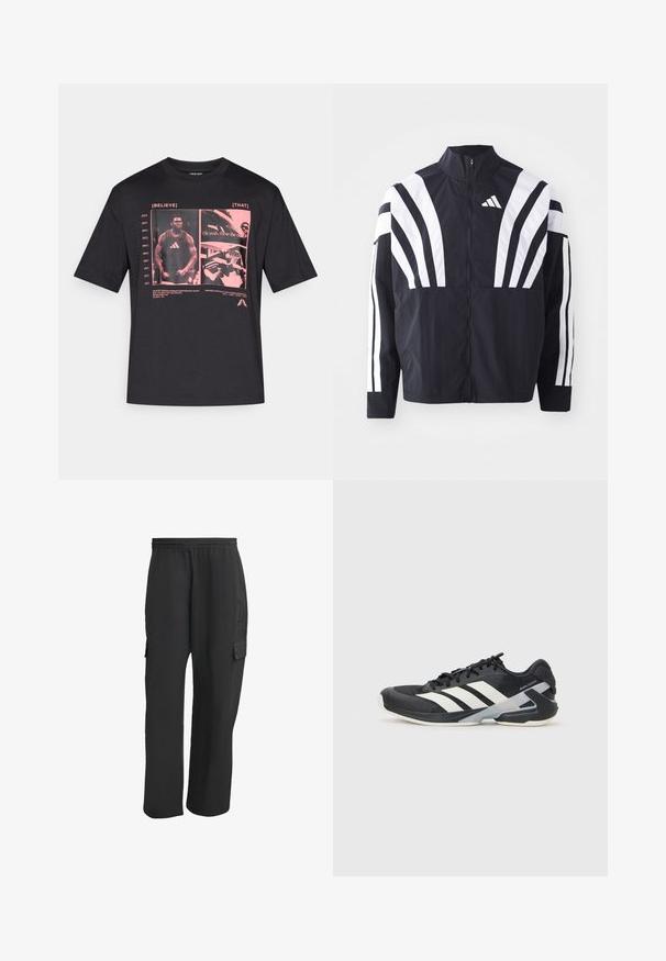 Mustat takki, jossa on korkea kaulus, täysivetoketju ja erittäin näkyvät valkoiset vinoraidat hihoissa. Valmistettu keveästä kankaasta, jolla on sileä rakenne.; Musta puuvillainen t-paita, jossa on graafinen pinkki painatus, tekstilaatikoita ja koripalloon liittyviä kuvia. Lyhyet hihat, pyöreä kaula-aukko.; Mustat cargo-housut, joissa on elastinen vyötärö, sivutaskut, vapaa istuvuus ja teksturoitu kangas. Suunniteltu mukavuutta ja käytännöllisyyttä varten.; Mustat urheilukengät valkoisilla raidoilla, verkkomateriaalia ylhäällä, pyöristetty kärki ja pehmustettu pohja. Varustettu teksturoidulla kantapäällä ja turvallisella nauhoitusjärjestelmällä.