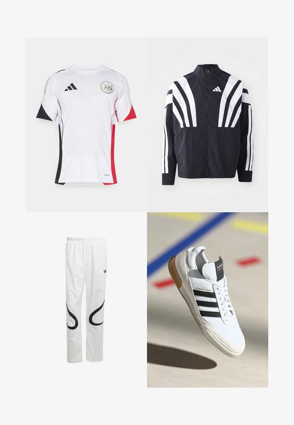 Mustrün mustaga, kõrge krae, täispikk tõmblukk ja julged valged diagonaalsed triibud varrukatel. Valmistatud kergest kangast, millel on sile tekstuur.; Valge sportlik särg, millel on mustad ja punased aktsendid, lühikesed varrukad ja ümar krae. Ees on logo. Valmistatud hingavast materjalist.; Valged sportpüksid sileda pinnaga, mustade kaarjate kujunditega külgedel ja must logoga vöökoha lähedal.; Valged Adidas Mundial Goal spordijalatsid mustade triipudega ja kummiseguga, kujutatud õhus spordisaali põranda kohal, millel on värvilised jooned.