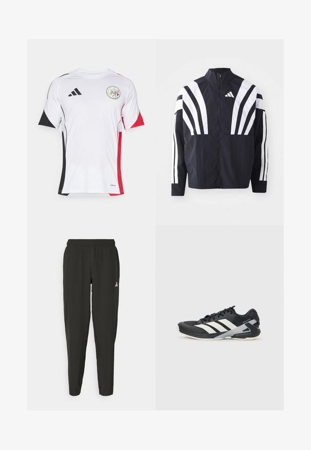 Mustrün mustaga, kõrge krae, täispikk tõmblukk ja julged valged diagonaalsed triibud varrukatel. Valmistatud kergest kangast, millel on sile tekstuur.; Valge sportlik särg, millel on mustad ja punased aktsendid, lühikesed varrukad ja ümar krae. Ees on logo. Valmistatud hingavast materjalist.; Mustavad spordipüksid elastse vöökoha, kitsas lõige ja valge logo vasakul jalal. Sile, kerge kangas.; Mustad sportlik jalanõud mustade värvidega, valgete triipudega, võrgusilma pealmine osa, ümar varvas ja pehme tallaga. Omab tekstureeritud kontsa ja kindlat paeltesüsteemi.