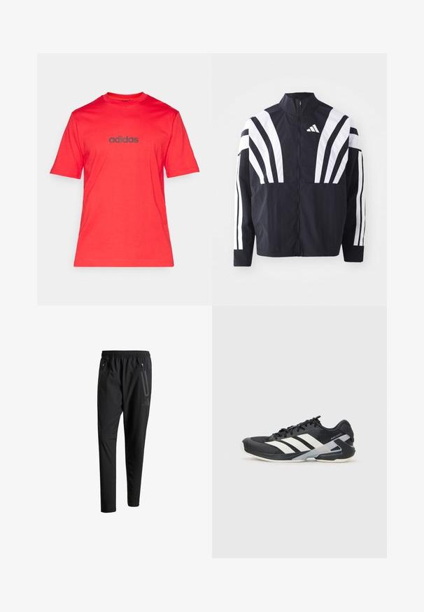Svart jakke med høy krage, hel glidelås og markante hvite skråstriper på ermene. Laget av lett stoff med en glatt tekstur.; Rød bomull T-skjorte med korte ermer og rund hals, med en mørkegrå "adidas" logo trykt over brystet.; Svarte treningsbukser med elastisk liv, to glidelåslommer på sidene, avsmalnende ben og en subtil logo detalj ved hoften.; Svart treningssko med hvite striper, mesh-overdel, avrundet tå og polstret såle. Har en teksturert hæl og et sikkert snøresystem.
