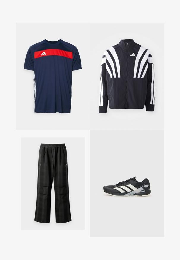 Czarna kurtka z wysokim kołnierzem, pełnym zamkiem błyskawicznym oraz wyrazistymi białymi ukośnymi paskami na rękawach. Wykonana z lekkiej tkaniny o gładkiej fakturze.; Granatowa koszulka sportowa z czerwonym poziomym paskiem i białymi akcentami. Wykonana z gładkiego materiału, z krótkim rękawem i okrągłym dekoltem.; Czarne spodnie w kratę z elastycznym pasem, dwoma przednimi kieszeniami i luźnym krojem ze prostymi nogawkami. Wykonane z lekkiego materiału.; Czarne buty sportowe z białymi paskami, siateczkowa cholewka, zaokrąglony czubek i amortyzowana podeszwa. Posiadają teksturowany obcas i pewny system sznurowania.