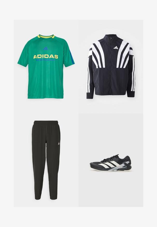 Juodas švarkas su aukštu kaklu, pilnu užtrauktuku ir ryškiomis baltomis įstrižomis juostelėmis ant rankovių. Pagamintas iš lengvos medžiagos su lygiu paviršiumi.; Žalias trumpomis rankovėmis sportinis džersis su geltonais ir mėlynais akcentais. Ant jo puikuojasi didelis "ADIDAS" logotipas ir kontrastingomis spalvomis užrašas "SPORTSWEAR".; Juodos sportinės kelnės su elastingu liemeniu, siauro kirpimo, baltu logotipu kairėje kojoje. Lygus, lengvas audinys.; Juoda sportinė avalynė su baltais dryžiais, tinklinis viršus, apvalus pirštas ir paminkštinta padais. Yra tekstūruota kulno dalis ir saugi raištelių sistema.