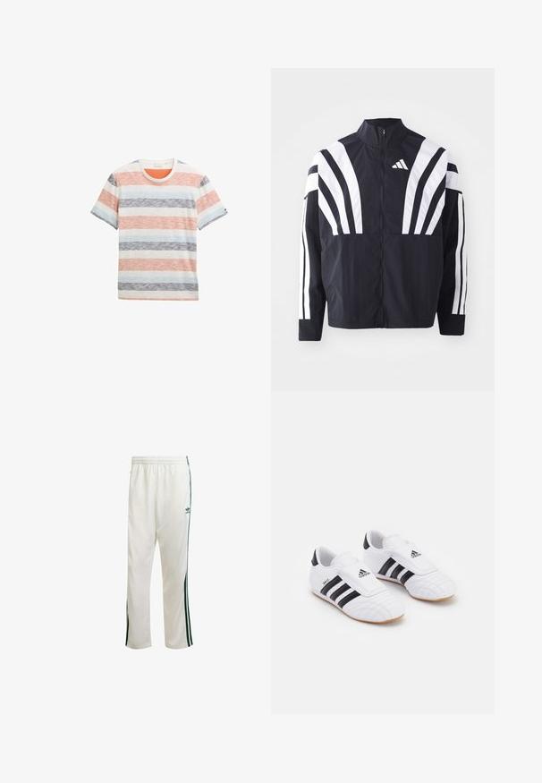 Čierna bunda s vysokým golierom, plným zipsom a výraznými bielymi diagonálnymi pruhmi na rukávoch. Vyrobená z ľahkého materiálu s hladkou textúrou.; Pruhované tričko z bavlny s širokými horizontálnymi pruhmi v oranžovej, modrej, sivej a bielej farbe, s okругlým výstrihom a krátkymi rukávmi.; Biele športové nohavice s zelenými bočnými pruhmi, elastickým pásom a logom na ľavej hornej strane. Vyrobené z ľahkého materiálu.; Biele športové topánky s čiernymi pruhmi, so semišovou štruktúrou, okrúhlou špičkou a suchým zipsom. Gumová podrážka pre trakciu.