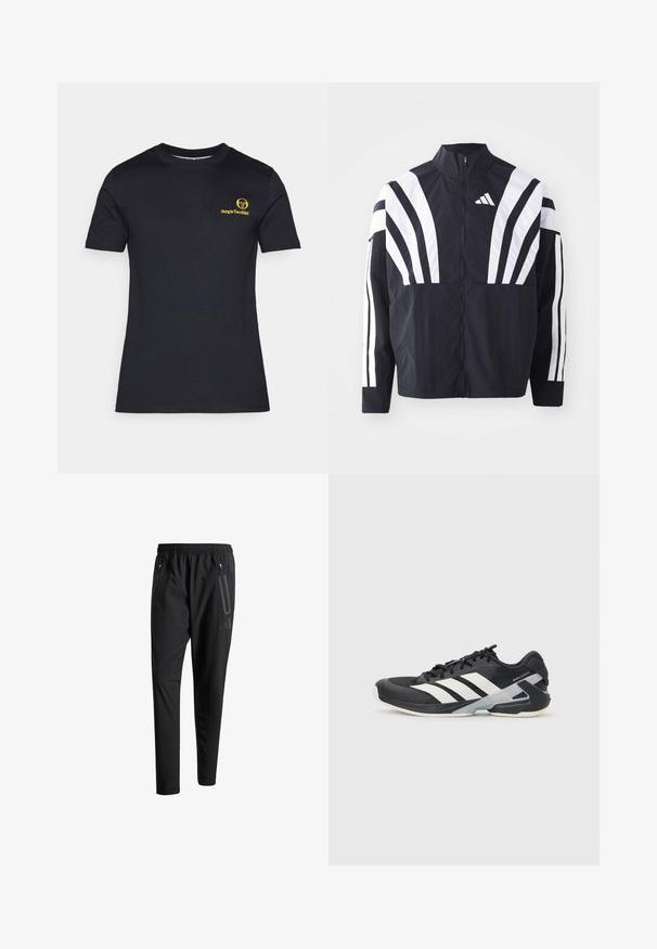 Jachetă neagră cu guler înalt, fermoar complet și dungi diagonale albe îndrăznețe pe mâneci. Fabricată dintr-un material ușor, cu o textură netedă.; Tricou negru cu mânecă scurtă din bumbac. Are un logo galben imprimat pe partea stângă a pieptului. Gât clasic rotund, textură netedă.; Pantaloni atletici negri cu talie elastică, două buzunare laterale cu fermoar, picioare conice și un detaliu logo discret pe șold.; Pantofii sport negri cu dungi albe, superior din plasă, vârf rotunjit și talpă îmbunătățită pentru amortizare. Au o călcătură texturată și un sistem de șireturi securizat.