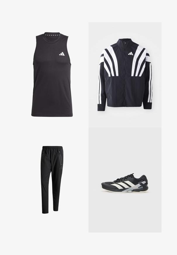 Chaqueta negra con cuello alto, cremallera completa y llamativas franjas diagonales blancas en las mangas. Fabricada en tejido ligero con una textura suave.; Camiseta deportiva sin mangas negra hecha de tela suave, con un escote redondo y un logo blanco en el lado izquierdo del pecho.; Pantalones deportivos negros con una cintura elástica, dos bolsillos laterales con cremallera, piernas ajustadas y un discreto detalle de logo en la cadera.; Zapatilla deportiva negra con franjas blancas, parte superior de malla, punta redondeada y suela acolchada. Presenta un talón texturizado y un sistema de cordones seguro.
