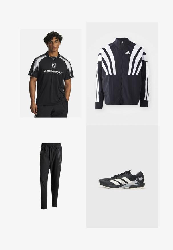 Mustat takki, jossa on korkea kaulus, täysivetoketju ja erittäin näkyvät valkoiset vinoraidat hihoissa. Valmistettu keveästä kankaasta, jolla on sileä rakenne.; Musta urheilupaita lyhyillä hihoilla, valkoisilla yksityiskohdilla ja brodeeratulla logolla. Valmistettu hengittävästä materiaalista, mikä tekee siitä ihanteellisen aktiiviseen käyttöön.; Mustat urheiluhousut, joissa on joustava vyötärö, kaksi vetoketjullista sivutaskua, kapenevat lahkeet ja hillitty logokuvaus lonkalla.; Mustat urheilukengät valkoisilla raidoilla, verkkomateriaalia ylhäällä, pyöristetty kärki ja pehmustettu pohja. Varustettu teksturoidulla kantapäällä ja turvallisella nauhoitusjärjestelmällä.