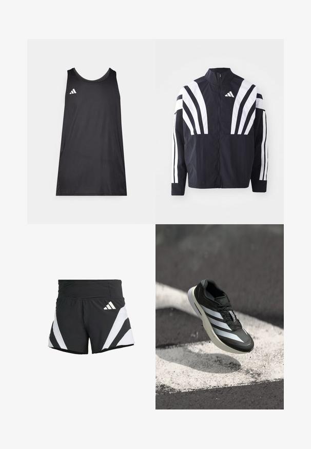 Črna jakna z visokim ovratnikom, popolnim zadrgo in boldnimi belimi diagonalnimi črtami na rokavih. Narejena iz lahkega materiala z gladko teksturo.; Črna brezrokavnica za šport, izdelana iz lahkotnega materiala. Ima okroglo ovratnico in belo Adidasovo logo na levem prsnem delu.; adidas Performance ADIZERO A M - Športne kratke hlače - black; Črne športne čevlje z značilnimi tremi belimi črtami, z navpičnim zgornjim delom, elegantnim dizajnom in ukrivljenim podplatom, postavljeni nad belo črto na asfaltu.