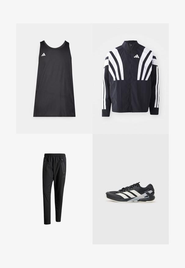 Svart jakke med høy krage, hel glidelås og markante hvite skråstriper på ermene. Laget av lett stoff med en glatt tekstur.; Svart ermeløs treningstopp laget av lett stoff. Har rund hals og en hvit Adidas-logo på venstre bryst.; Svarte treningsbukser med elastisk liv, to glidelåslommer på sidene, avsmalnende ben og en subtil logo detalj ved hoften.; Svart treningssko med hvite striper, mesh-overdel, avrundet tå og polstret såle. Har en teksturert hæl og et sikkert snøresystem.