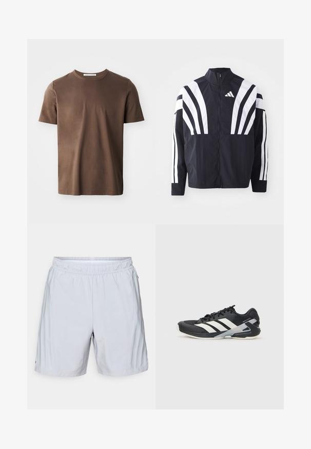 Fekete dzseki magas gallérral, teljes cipzárral és merész, fehér, átlós csíkokkal az ujjakon. Könnyű anyagból készült, sima tapintással.; Barna pamut póló, kerek nyakkal, rövid ujjakkal és sima textúrával. A nyaknál található a "TIGER OF SWEDEN" feliratú címke.; adidas Performance SHORT - Sport rövidnadrágok - halo silver; Fekete sportcipő fehér csíkokkal, hálós felsőrész, kerek orr és párnázott talp. Texturált sarokkal és biztonságos fűzőrendszerrel rendelkezik.