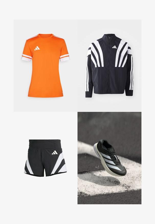 Svart jakke med høy krage, hel glidelås og markante hvite skråstriper på ermene. Laget av lett stoff med en glatt tekstur.; Oransje sportsdrakt med korte ermer, hvite striper på manchetter, og Adidas-logo på venstre skulder, laget av et glatt og pustende materiale.; adidas Performance ADIZERO A M - Sports shorts - black; Svart atletisk sko med tre hvite striper, teksturert overdel, slank design og buet såle, plassert over en hvit linje på asfalt.