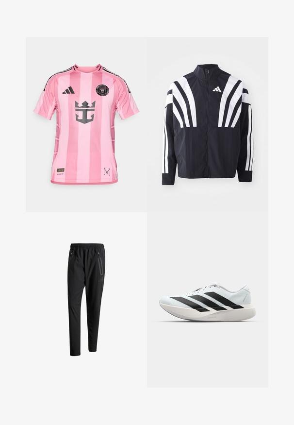 Čierna bunda s vysokým golierom, plným zipsom a výraznými bielymi diagonálnymi pruhmi na rukávoch. Vyrobená z ľahkého materiálu s hladkou textúrou.; Ružový futbalový dres s vertikálnymi pruhmi, čiernym okrúhlym výstrihom a emblémom na hrudi. Vyrobený z priedušnej tkaniny s ľahkým dizajnom.; Čierne športové nohavice s elastickým pásom, dvoma bočnými zipsovými vreckami, zužujúcimi sa nohavicami a nenápadným detailom loga na bokoch.; Ľahké bežecké topánky v svetlomodrej farbe s čiernymi pruhmi. Majú hladký zvršok, okrúle špičky a hrubú bielu medzipodrážku označenú "LIGHTSTRIKE PRO."