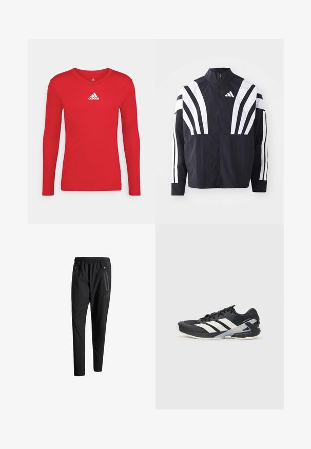 Sort jakke med højt krave, fuld lynlås og iøjnefaldende hvide diagonale striber på ærmerne. Lavet af letvægtsstof med en glat tekstur.; Rød langærmet atletisk skjorte lavet af glat, strækbart stof. Har en V-halsudskæring og hvidt Adidas-logo på brystet.; Sorte atletiske bukser med elastisk talje, to lynlåslommer på siden, tætsiddende ben og en diskret logo-detalje på hoften.; Sort sportsko med hvide striber, mesh-overdel, rund tå og dæmpet sål. Har en tekstureret hæl og et sikkert snøresystem.