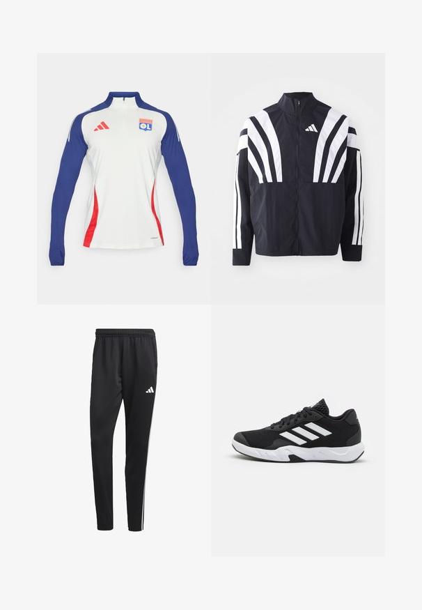 Schwarze Jacke mit hohem Kragen, durchgehendem Reißverschluss und kräftigen weißen diagonalen Streifen an den Ärmeln. Aus leichtem Stoff mit glatter Textur gefertigt.; Langärmliges, weißes Sportshirt mit marineblauen Ärmeln und roten Akzenten. Verfügt über einen Reißverschlusskragen und ein Olympique Lyonnais-Logo auf der Brust.; Schwarze Sporthose mit einem dehnbaren Bund, weißen Seitenstreifen und einem kleinen weißen Logo auf dem Oberschenkel. Hergestellt aus einem glatten, leichten Material.; Schwarze Sportschuhe mit einem strukturierten Mesh-Obermaterial, weißen Akzentstreifen, einer gepolsterten Sohle und einer verstärkten Ferse für Unterstützung.