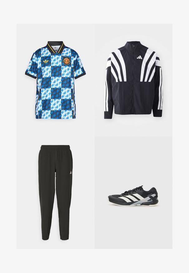 Svart jacka med hög krage, full dragkedja och djärva vita diagonala ränder på ärmarna. Tillverkad av lätt tyg med en slät struktur.; Blå och vit mönstrad fotbollsjacka med svart krage, gula detaljer och Manchester United-logotypen på bröstet.; Svarta träningsbyxor med elastisk midja, slim fit och vitt logotyp på vänster ben. Slät, lättviktsmaterial.; Svart atletisk sko med vita ränder, mesh-övre, rund tå och dämpad sula. Har en strukturerad häl och ett säkert snörningssystem.