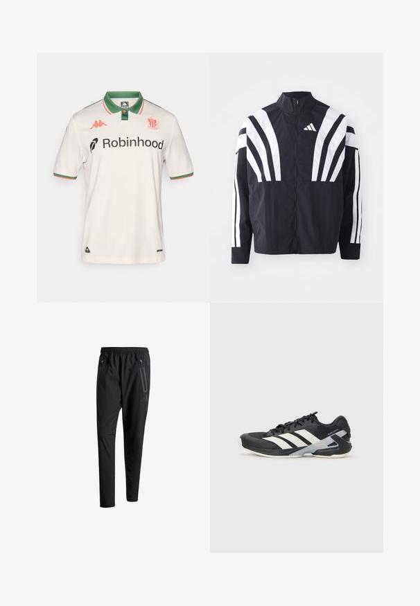 Black jacket featuring a high collar, full zip, and bold white diagonal stripes on sleeves. Made from lightweight fabric with a smooth texture.; White sports jersey with green and red accents, short sleeves, a collar, and sponsor logos on the front. Textured fabric.; Black athletic pants with an elastic waistband, two zippered side pockets, tapered legs, and a subtle logo detail on the hip.; Black athletic shoe with white stripes, mesh upper, rounded toe, and cushioned sole. Features a textured heel and secure lacing system.