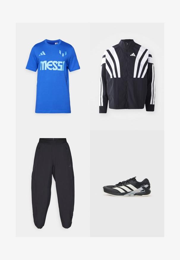 Chaqueta negra con cuello alto, cremallera completa y llamativas franjas diagonales blancas en las mangas. Fabricada en tejido ligero con una textura suave.; Camiseta de algodón azul con mangas cortas, que presenta un gran texto blanco "MESSI" y sutiles acentos triangulares en un tono azul más claro.; Pantalones deportivos negros con cintura elástica, bolsillos laterales con cremallera, piernas ajustadas y un sutil logo en el muslo derecho.; Zapatilla deportiva negra con franjas blancas, parte superior de malla, punta redondeada y suela acolchada. Presenta un talón texturizado y un sistema de cordones seguro.