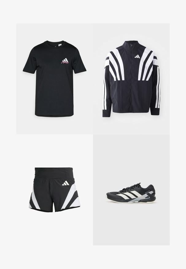 Sort jakke med højt krave, fuld lynlås og iøjnefaldende hvide diagonale striber på ærmerne. Lavet af letvægtsstof med en glat tekstur.; Sort bomulds t-shirt med korte ærmer, prydet med et hvidt adidas-logo og pink tekst på venstre brystområde. Glat tekstur, enkel design.; adidas Performance ADIZERO A  M - Korte sportsbukser - black; Sort sportsko med hvide striber, mesh-overdel, rund tå og dæmpet sål. Har en tekstureret hæl og et sikkert snøresystem.