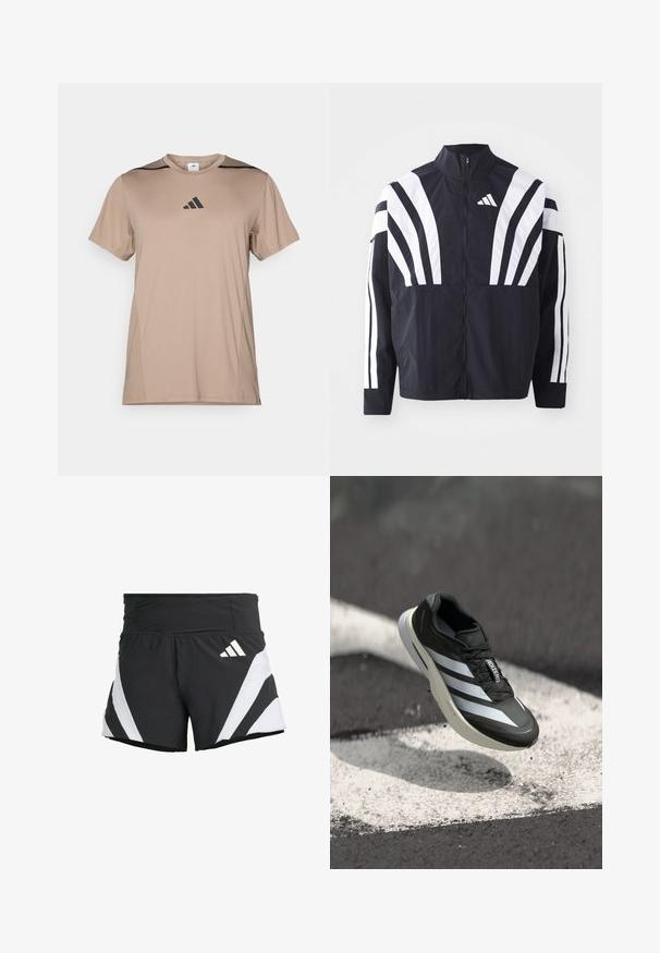 Črna jakna z visokim ovratnikom, popolnim zadrgo in boldnimi belimi diagonalnimi črtami na rokavih. Narejena iz lahkega materiala z gladko teksturo.; Tan atletská majica iz gladkega materiala, ki ima črne poudarke na ramenih in črni Adidasov logo sredi prsnega dela.; adidas Performance ADIZERO A M - Športne kratke hlače - black; Črne športne čevlje z značilnimi tremi belimi črtami, z navpičnim zgornjim delom, elegantnim dizajnom in ukrivljenim podplatom, postavljeni nad belo črto na asfaltu.