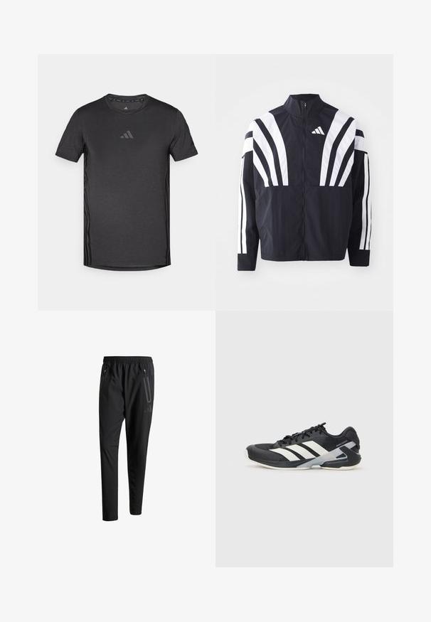Black jacket featuring a high collar, full zip, and bold white diagonal stripes on sleeves. Made from lightweight fabric with a smooth texture.; Black athletic t-shirt with short sleeves, made of breathable fabric. Features a subtle logo on the chest and textured side accents.; Black athletic pants with an elastic waistband, two zippered side pockets, tapered legs, and a subtle logo detail on the hip.; Black athletic shoe with white stripes, mesh upper, rounded toe, and cushioned sole. Features a textured heel and secure lacing system.