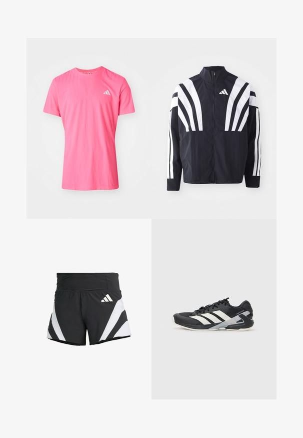 Svart jakke med høy krage, hel glidelås og markante hvite skråstriper på ermene. Laget av lett stoff med en glatt tekstur.; Rosa t-skjorte med korte ermer og rund hals, laget av mykt materiale, med en subtil tekstur og en liten hvit Adidas-logo på brystet.; adidas Performance ADIZERO A M - Sports shorts - black; Svart treningssko med hvite striper, mesh-overdel, avrundet tå og polstret såle. Har en teksturert hæl og et sikkert snøresystem.