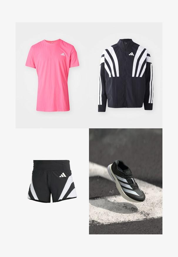 Svart jacka med hög krage, full dragkedja och djärva vita diagonala ränder på ärmarna. Tillverkad av lätt tyg med en slät struktur.; Rosa t-shirt med kort ärm och rundad halsringning, tillverkad av mjukt material, med en subtil textur och en liten vit Adidas-logotyp på bröstet.; adidas Performance ADIZERO A M - Träningsshorts - black; Svart atletisk sko med tre vita ränder, texturerad ovandel, stilren design och en rundad sula, placerad ovanför en vit linje på asfalt.