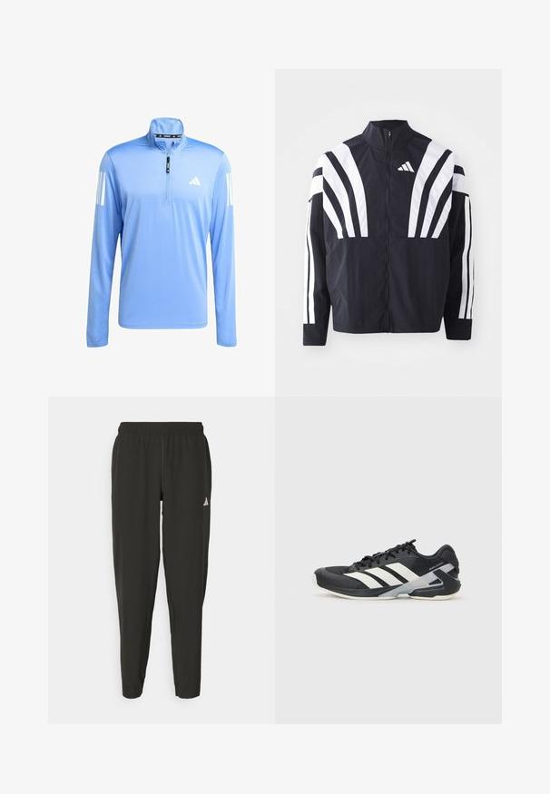 Czarna kurtka z wysokim kołnierzem, pełnym zamkiem błyskawicznym oraz wyrazistymi białymi ukośnymi paskami na rękawach. Wykonana z lekkiej tkaniny o gładkiej fakturze.; Jasnoniebieska sportowa koszula z długim rękawem z ćwierć zamkiem, wykonana z gładkiego materiału. Posiada białe akcenty w postaci trzech pasków na obu rękawach.; Czarne spodnie sportowe z elastycznym pasem, dopasowane do sylwetki, z białym logo na lewym nogawce. Gładki, lekki materiał.; Czarne buty sportowe z białymi paskami, siateczkowa cholewka, zaokrąglony czubek i amortyzowana podeszwa. Posiadają teksturowany obcas i pewny system sznurowania.
