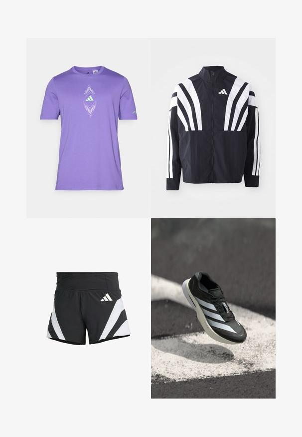 Črna jakna z visokim ovratnikom, popolnim zadrgo in boldnimi belimi diagonalnimi črtami na rokavih. Narejena iz lahkega materiala z gladko teksturo.; Vijolična kratkoletna majica iz mehke tkanine, ki ima središnjo belo in zeleno grafično zasnovo z diamantno obliko ter podrobnostjo logotipa.; adidas Performance ADIZERO A M - Športne kratke hlače - black; Črne športne čevlje z značilnimi tremi belimi črtami, z navpičnim zgornjim delom, elegantnim dizajnom in ukrivljenim podplatom, postavljeni nad belo črto na asfaltu.