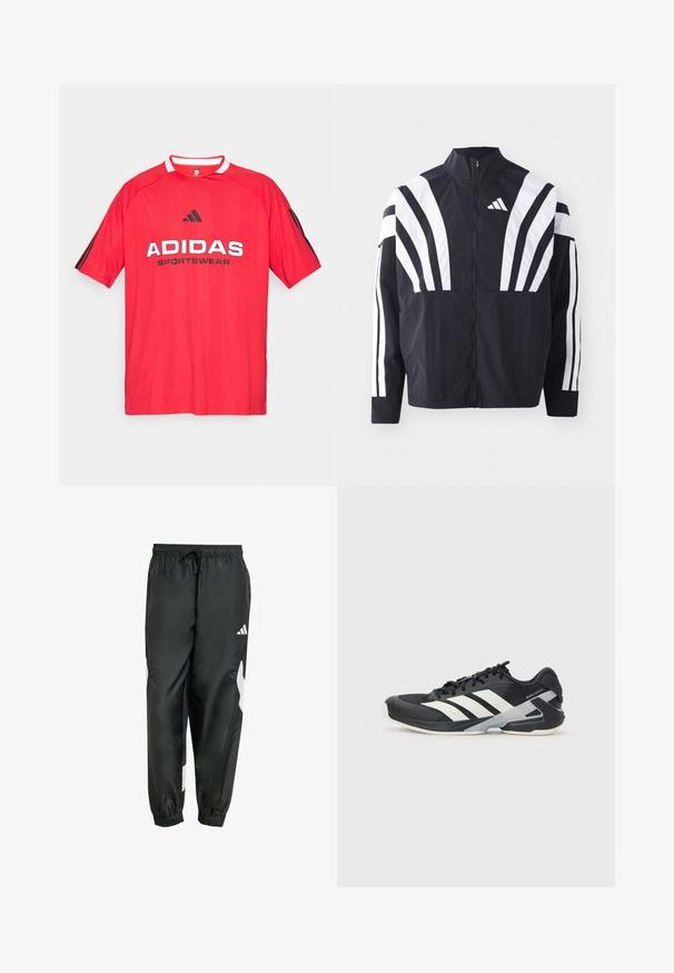 Černá bunda s vysokým límcem, plným zipem a výraznými bílými šikmými pruhy na rukávech. Vyrobena z lehké látky s hladkou texturou.; Červený sportovní dres Adidas s černým logem a textem, krátké rukávy, kulatý výstřih, s černými pruhy po stranách, vyrobený z prodyšného materiálu.; Černé sportovní kalhoty s elastickým pasem, nastavitelnou šn string a bílými bočními akcenty. Vyrobené z hladkého, lehkého materiálu.; Černá sportovní obuv s bílými pruhy, síťovaným svrškem, zaoblenou špičkou a polstrovanou podrážkou. Obsahuje texturovanou patu a bezpečný systém šněrování.